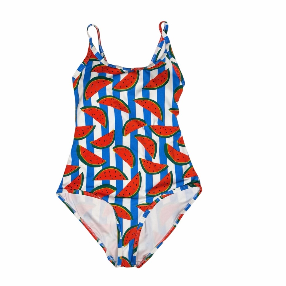 Hanna Andersson Watermelon One Piece Swimsuit M NWT Blue Stripe Summer Pool